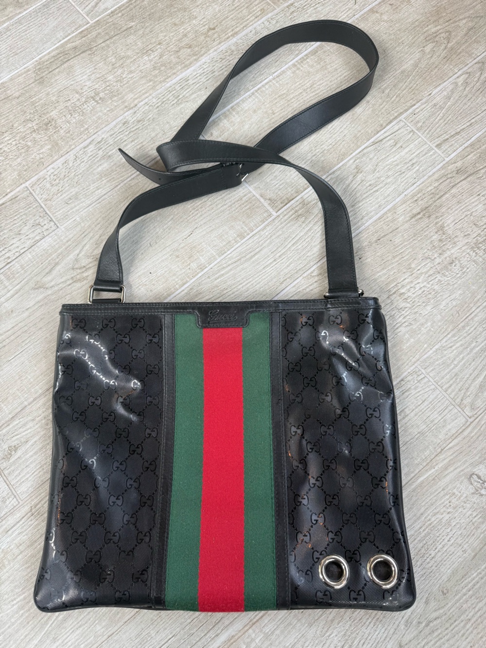Gucci Black GG Canvas Messenger with Red & Green Stripe- very good cond.